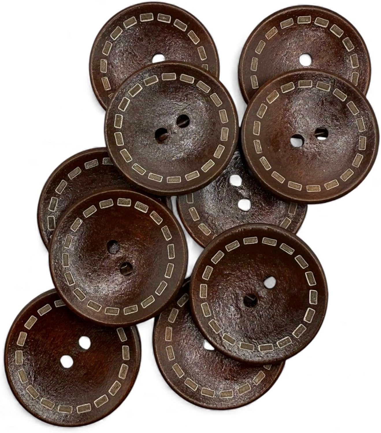 Wooden Buttons with Outer Stitch Mark, Brown, 30mm, Round, Pack of 10