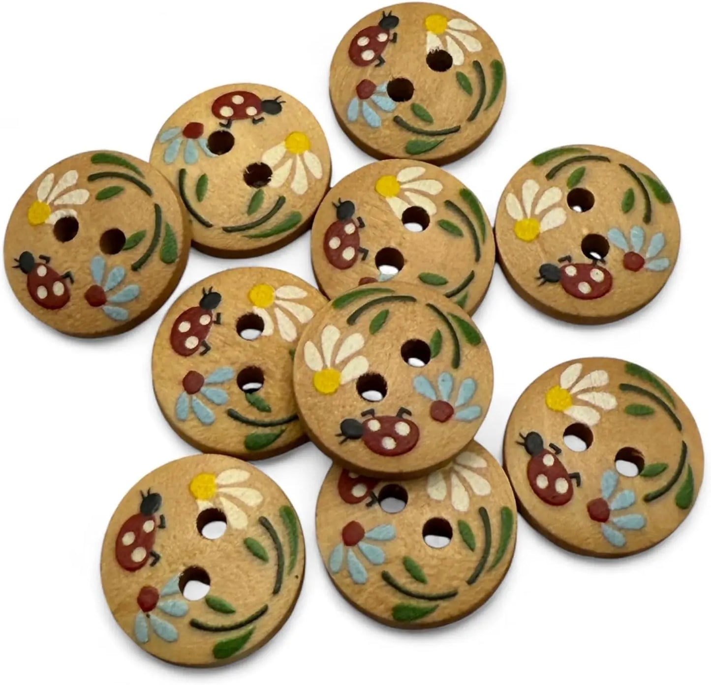 Natural Wooden Buttons, 15mm Round Ladybug Design, 2-Hole, Hand-Painted for Children's Crafts and Clothing, Pack of 10