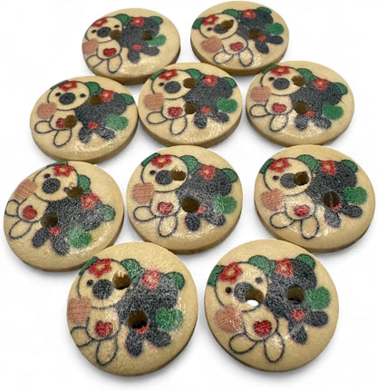 Natural Wooden Button Set, 15mm, 2-Hole Design, Teddy Bear Theme, Pack of 10, Children's Craft Supplies