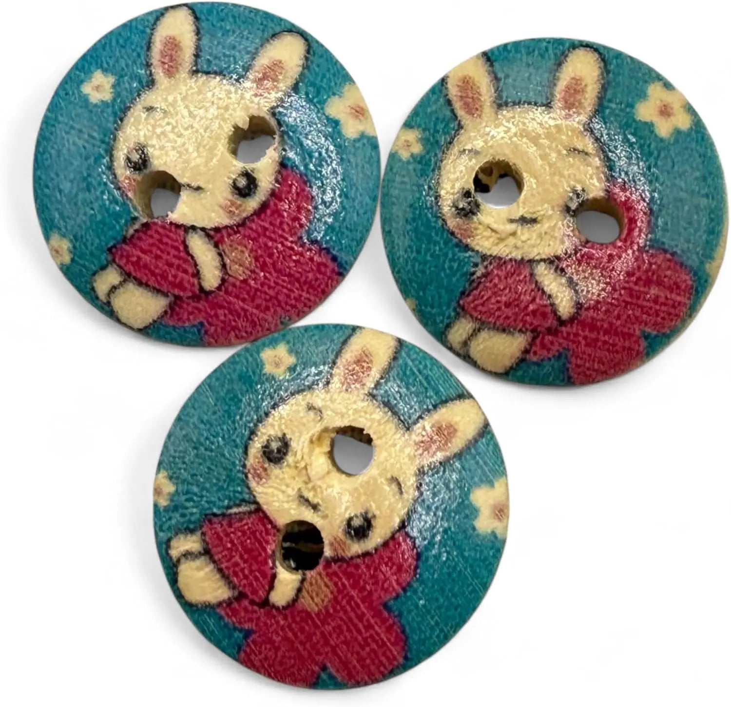 Children's Bunny Rabbit Buttons, Red and Blue, 15mm, 2-Hole Design, Pack of 10