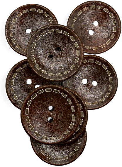 Wooden Buttons with Outer Stitch Mark, Brown, 30mm, Round, Pack of 10