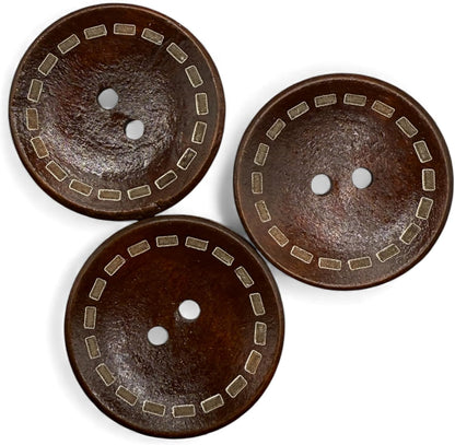 Wooden Buttons with Outer Stitch Mark, Brown, 30mm, Round, Pack of 10