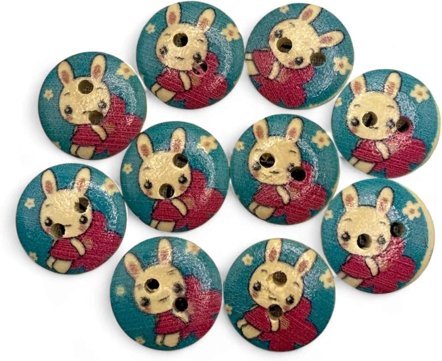 Children's Bunny Rabbit Buttons, Red and Blue, 15mm, 2-Hole Design, Pack of 10