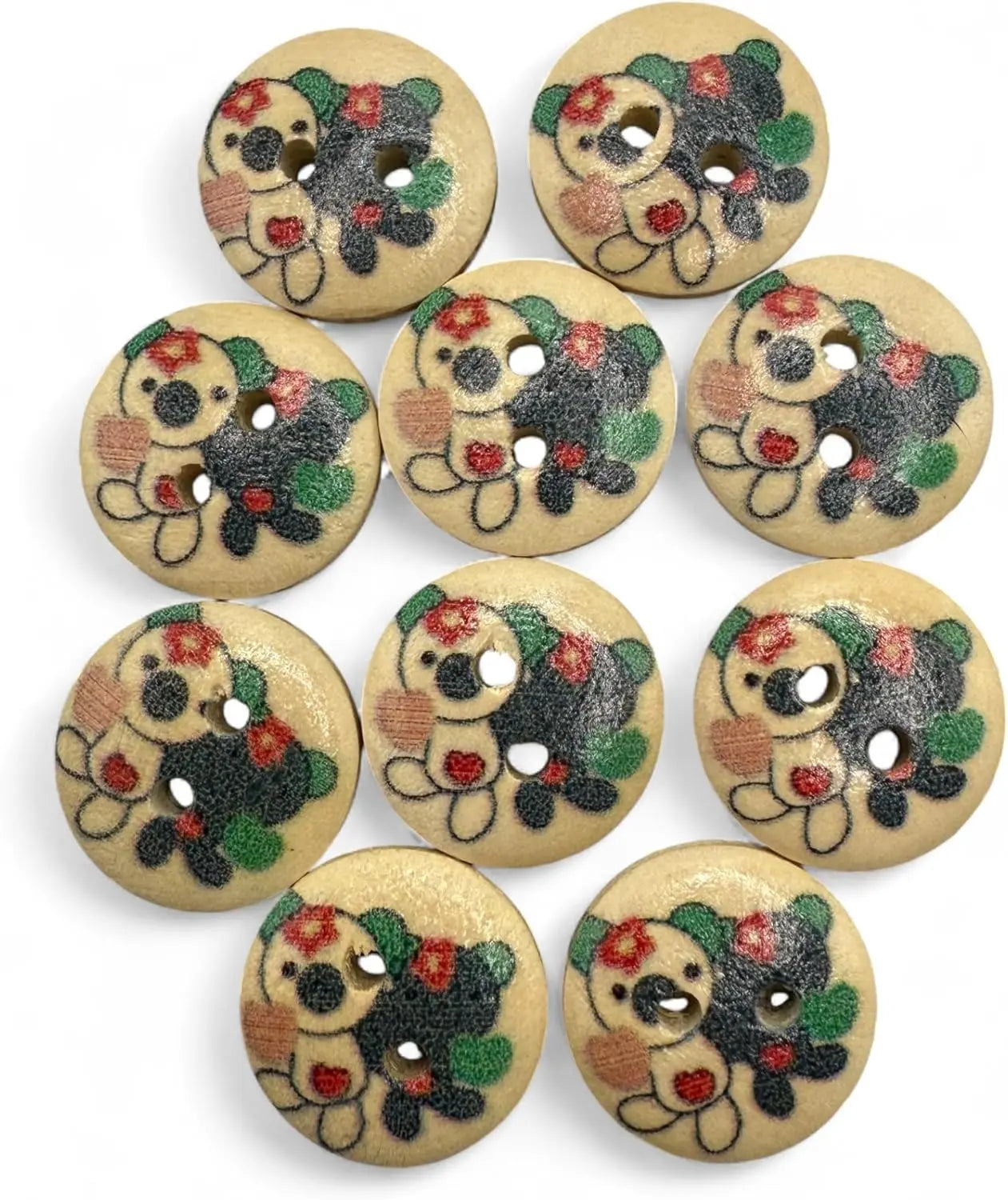 Natural Wooden Button Set, 15mm, 2-Hole Design, Teddy Bear Theme, Pack of 10, Children's Craft Supplies
