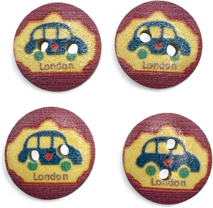 Wooden London Taxi Buttons, 15mm Natural Color, Pack of 10, Children's Theme