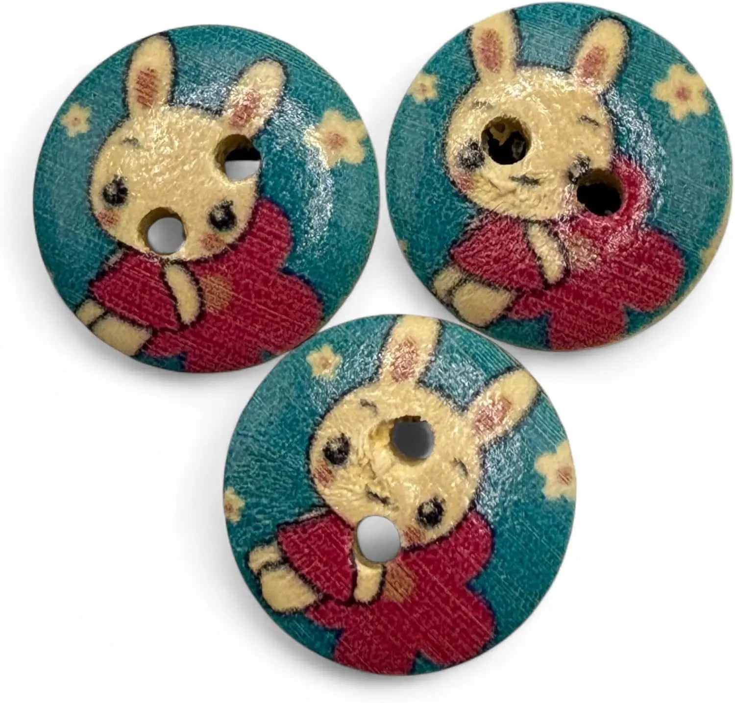 Children's Bunny Rabbit Buttons, Red and Blue, 15mm, 2-Hole Design, Pack of 10