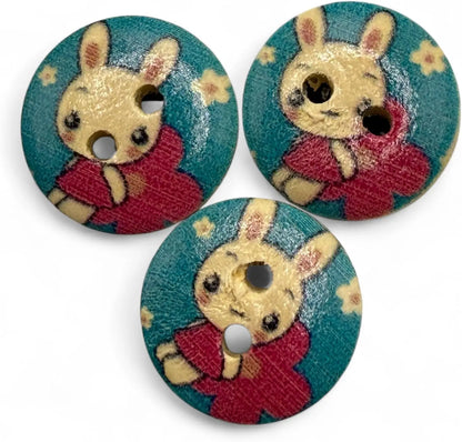 Children's Bunny Rabbit Buttons, Red and Blue, 15mm, 2-Hole Design, Pack of 10