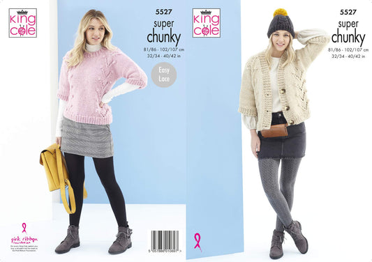 King Cole 5527 Knitting Pattern Womens Sweater and Cardigan in Timeless Super Chunky