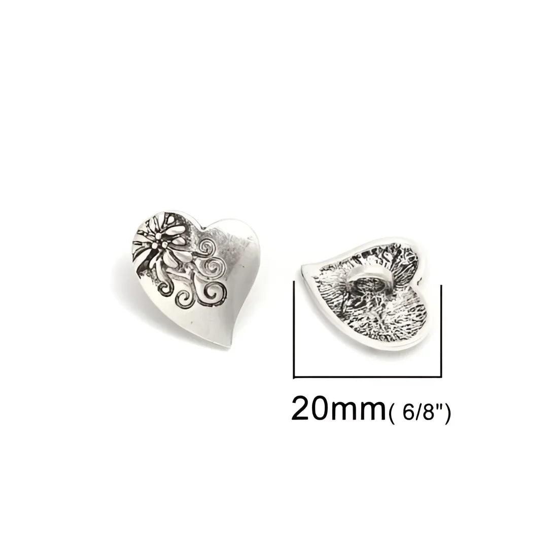 KnitForLess 10Pcs Shank Buttons Love Heart with Carved Flower Antique Silver Metal 20mm by 17mm