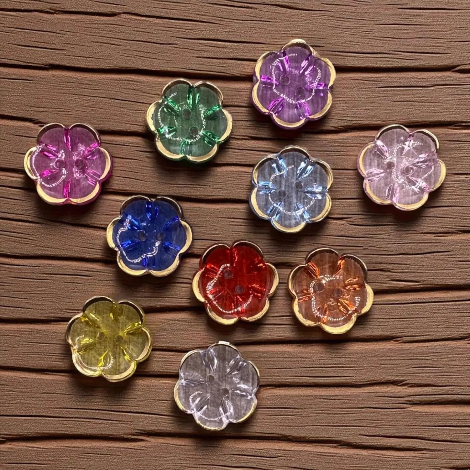 Clear Acrylic Flower Buttons with Gold Rim, 13mm/15mm/20mm, 2-Hole, Pack of 12, 10 Colours (Baby Blue, 13mm)