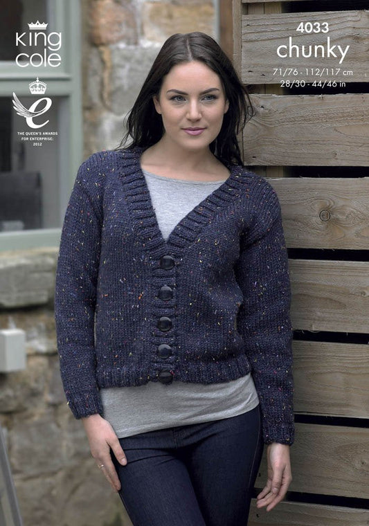 King Cole 4033 Knitting Pattern Ladies Jackets to Knit in Chunky Tweed