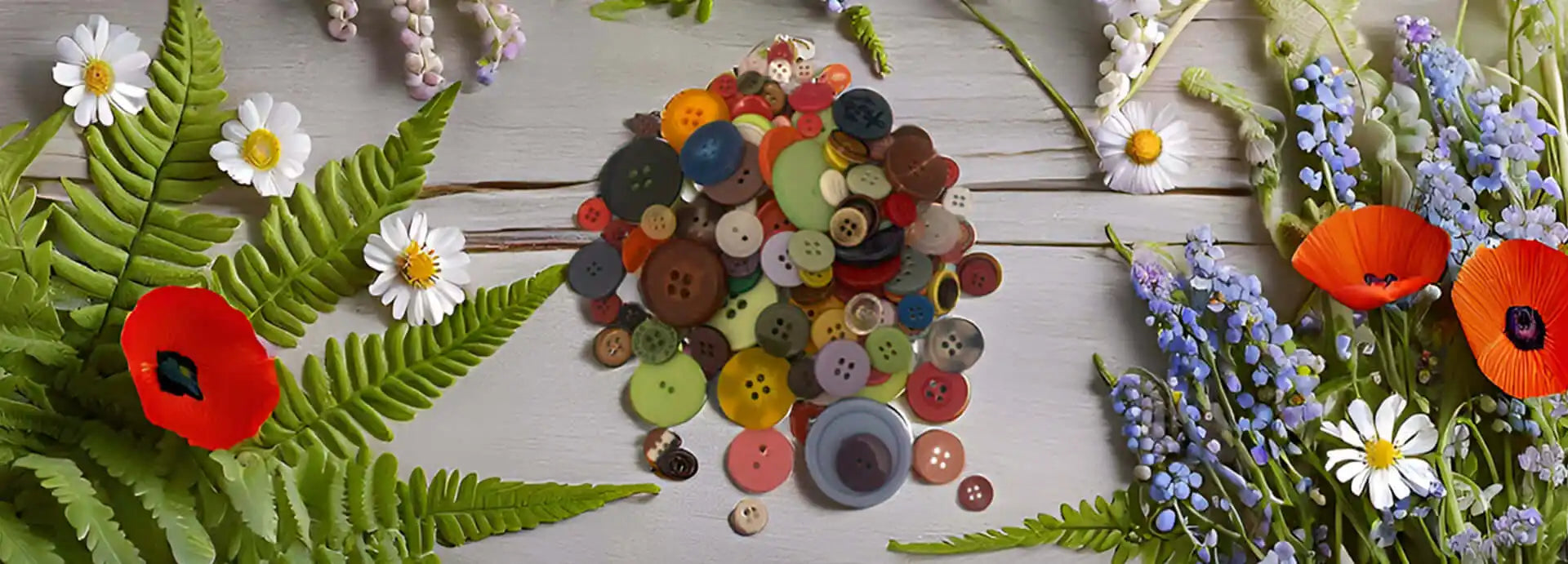 Colorful buttons scattered among vibrant flowers and greenery on a wooden surface.