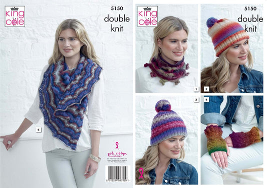 King Cole 5150 Knitting Pattern Cowl Hats Hand Warmers and Shawl in Riot DK