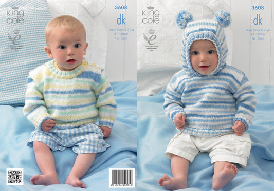 King Cole Baby Double Knitting Pattern Striped Long Sleeved Hoodie & Sweater Candystripe DK 3608
