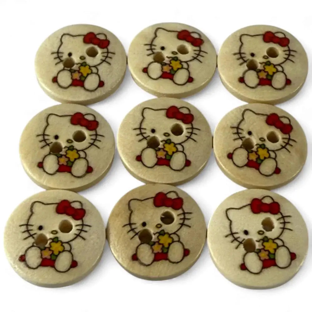 Nine Hello Kitty wooden buttons.