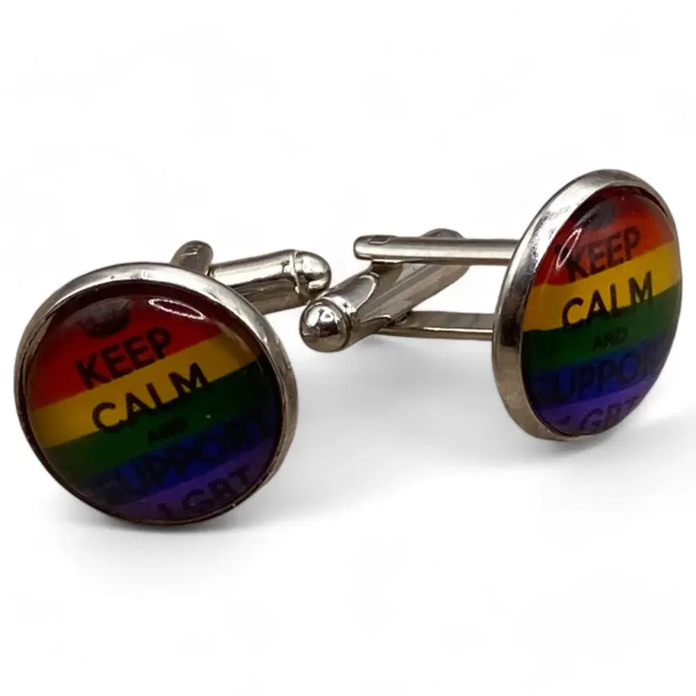 Rainbow-themed cufflinks.