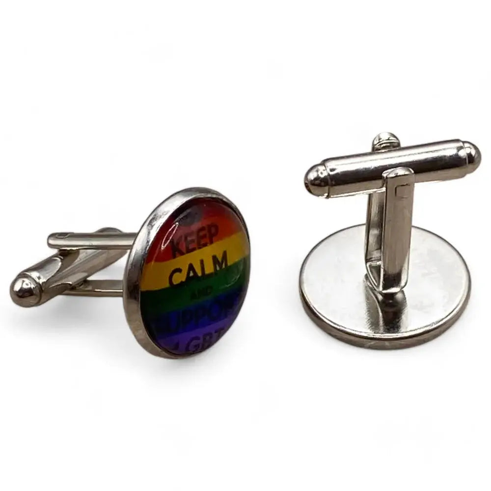 LGBTQ+ rainbow cufflinks.