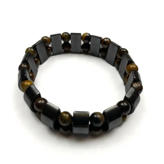 Bracelet with dark rectangular beads and round brown beads.