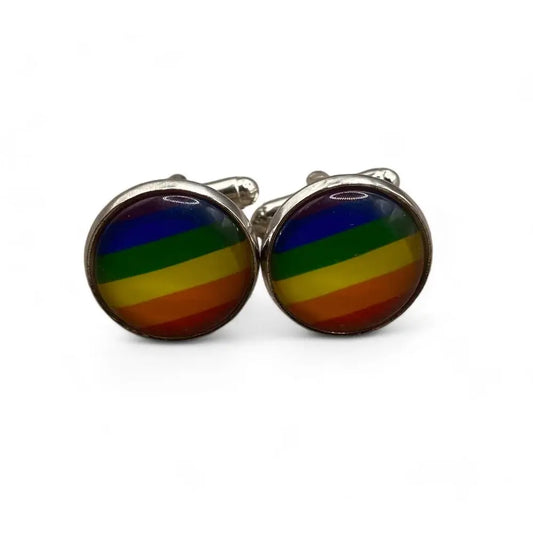 Rainbow-striped round cufflinks.