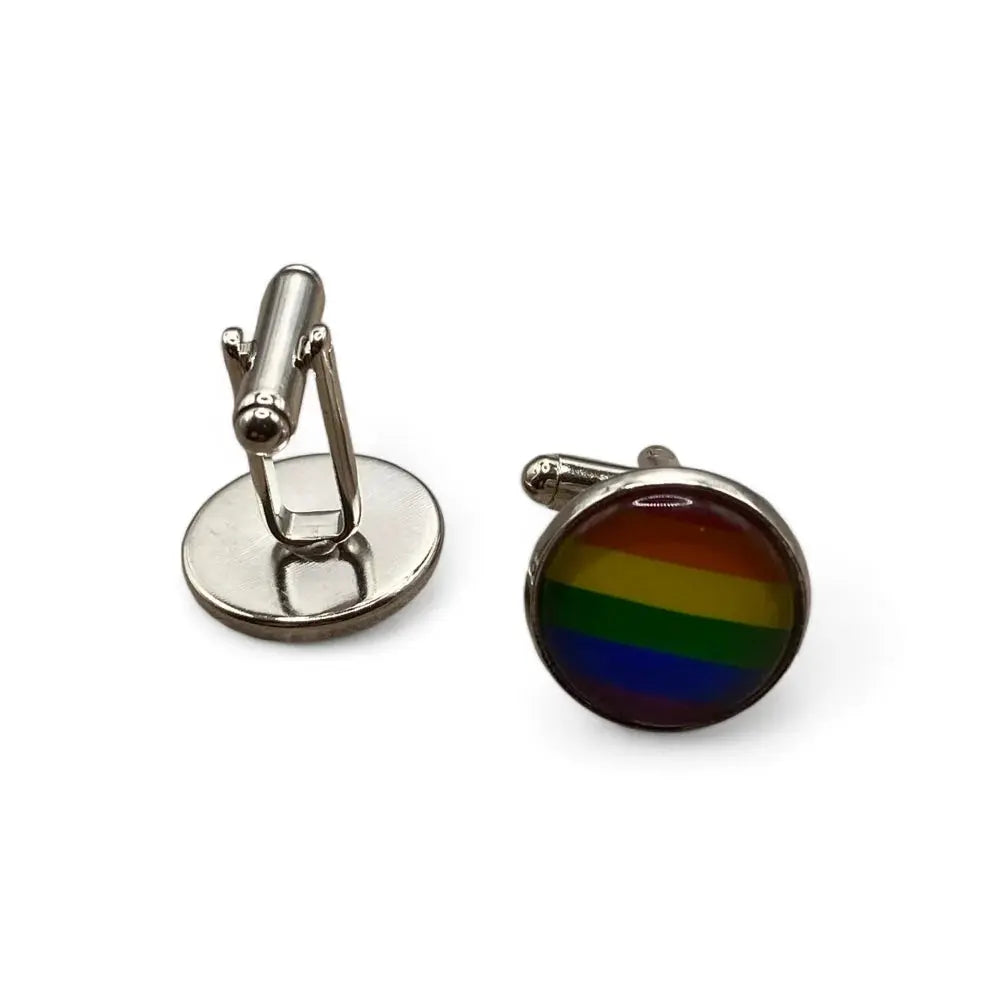Pair of rainbow-striped cufflinks.