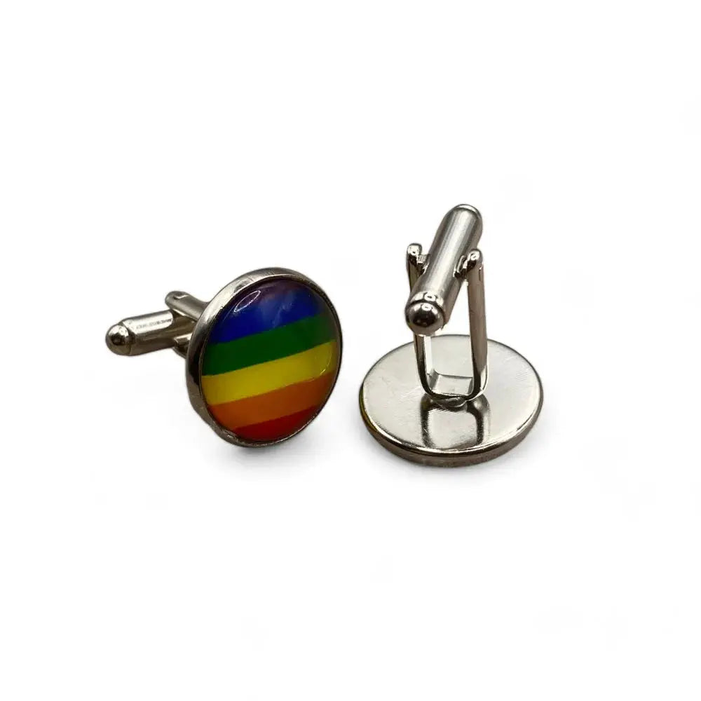 Rainbow-striped cufflinks.
