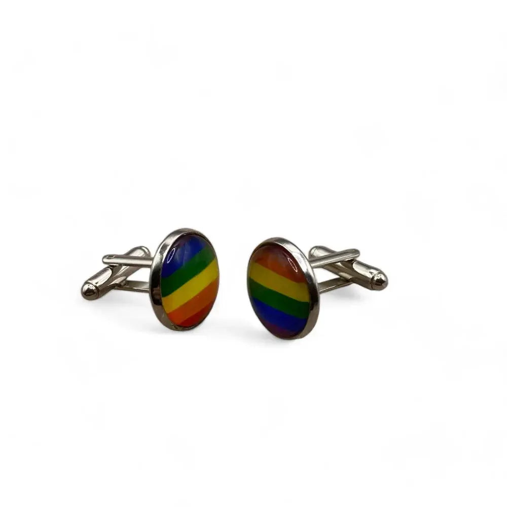 Rainbow-striped cufflinks.