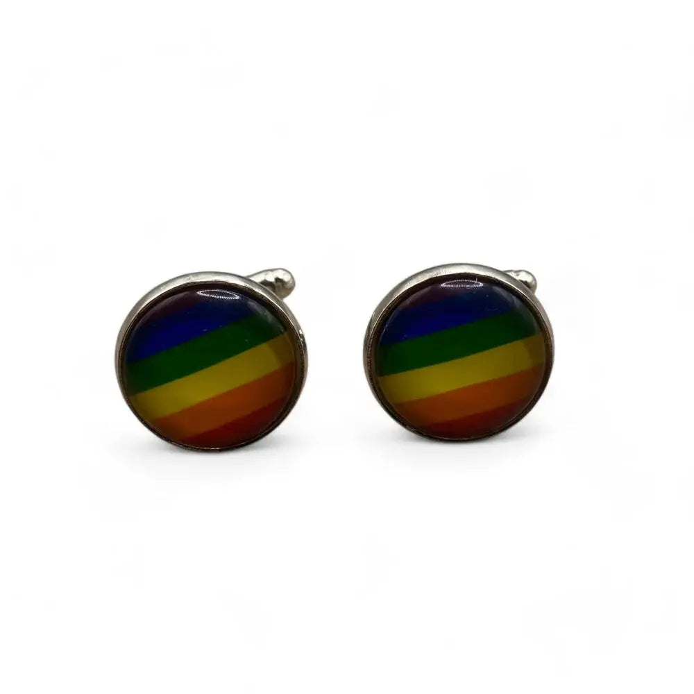 Rainbow-striped round cufflinks.