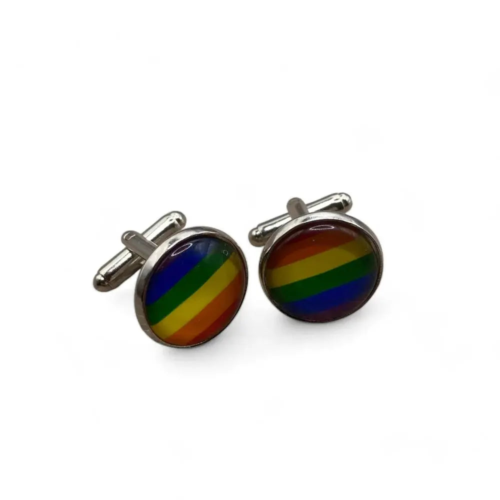 Rainbow-striped cufflinks.