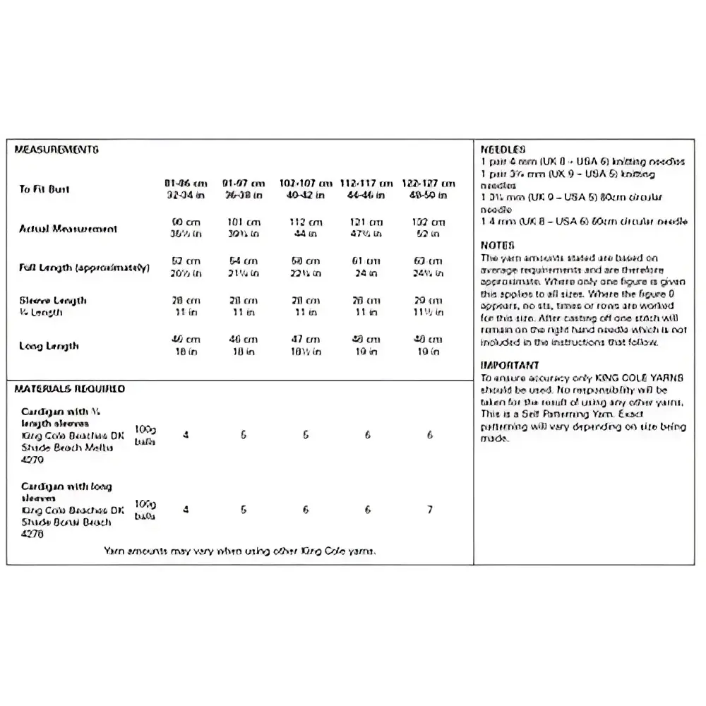 Knitting pattern measurements and materials.