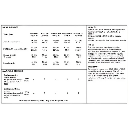 Knitting pattern measurements and materials.