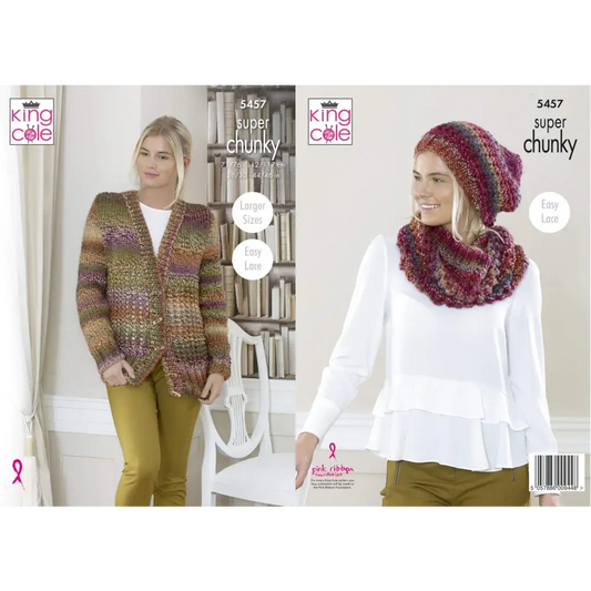 Knitted cardigan and hat/scarf set.