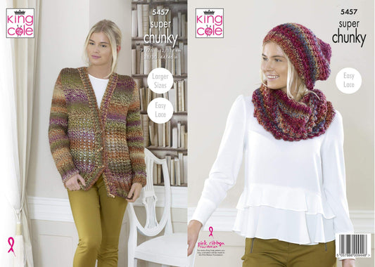 King Cole 5457 Knitting Pattern Womens Cardigan Hat and Cowl in Explorer Super Chunky
