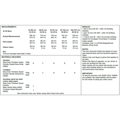 Knitting pattern measurements and materials.