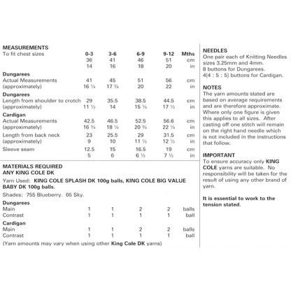 Knitting pattern measurements and materials.