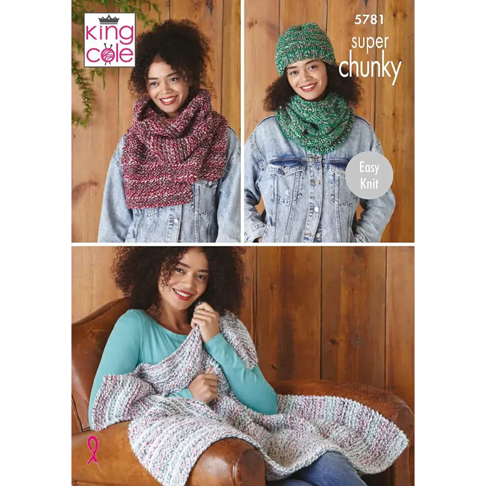 King Cole Super Chunky Knitting Pattern Easy Knit Throw Scarf Snood & Hat (5781)
