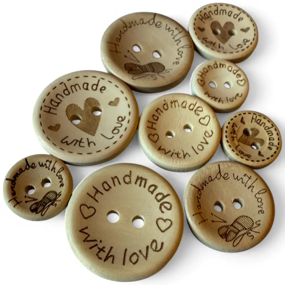 KnitForLess 100Pcs Buttons Wooden Hand Made with Love Mixed Sizes 3 Different Patterns