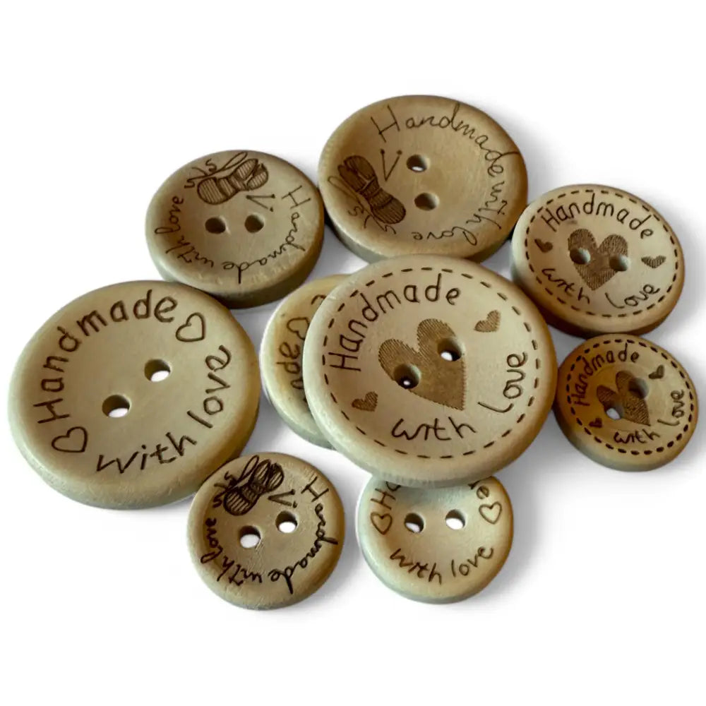 KnitForLess 100Pcs Buttons Wooden Hand Made with Love Mixed Sizes 3 Different Patterns