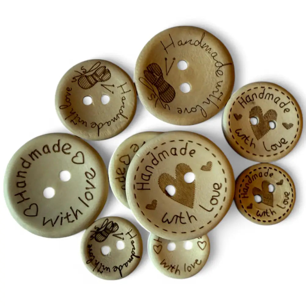 KnitForLess 100Pcs Buttons Wooden Hand Made with Love Mixed Sizes 3 Different Patterns