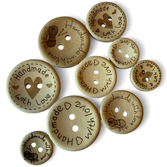 KnitForLess 100Pcs Buttons Wooden Hand Made with Love Mixed Sizes 3 Different Patterns