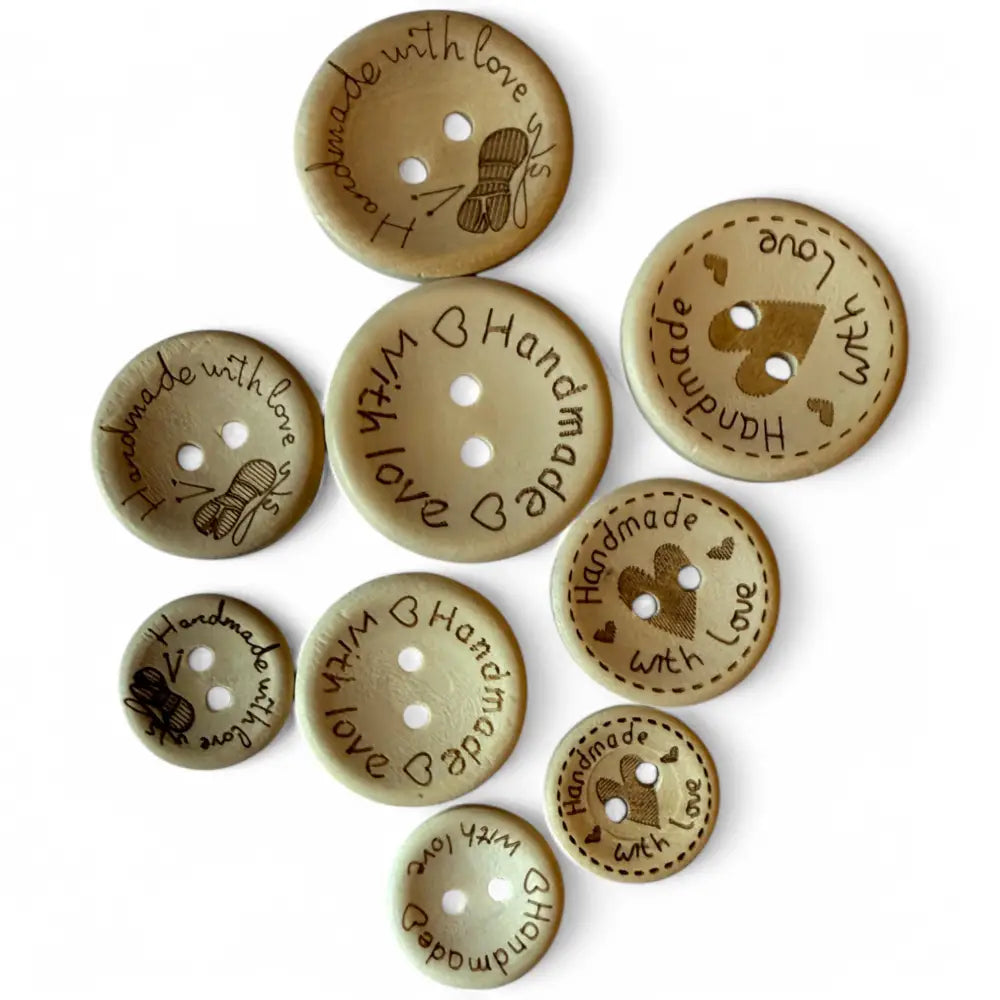 KnitForLess 100Pcs Buttons Wooden Hand Made with Love Mixed Sizes 3 Different Patterns
