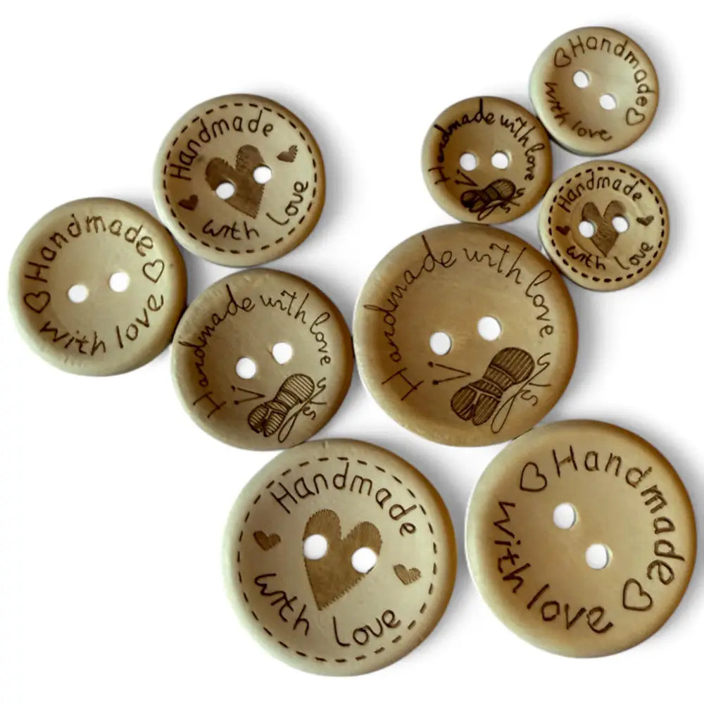 KnitForLess 100Pcs Buttons Wooden Hand Made with Love Mixed Sizes 3 Different Patterns