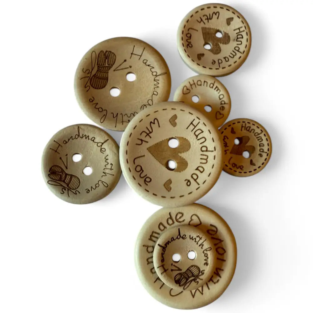 KnitForLess 100Pcs Buttons Wooden Hand Made with Love Mixed Sizes 3 Different Patterns