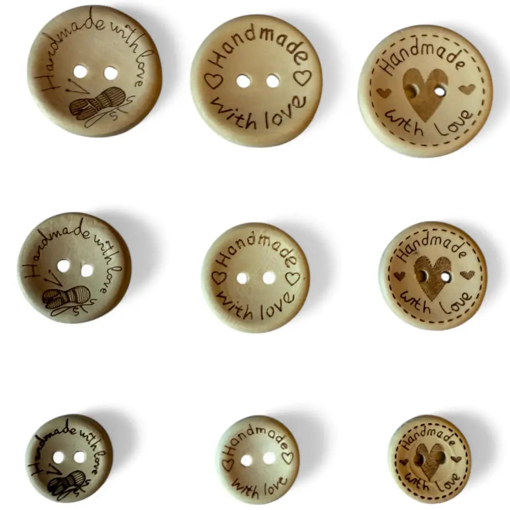 KnitForLess 100Pcs Buttons Wooden Hand Made with Love Mixed Sizes 3 Different Patterns