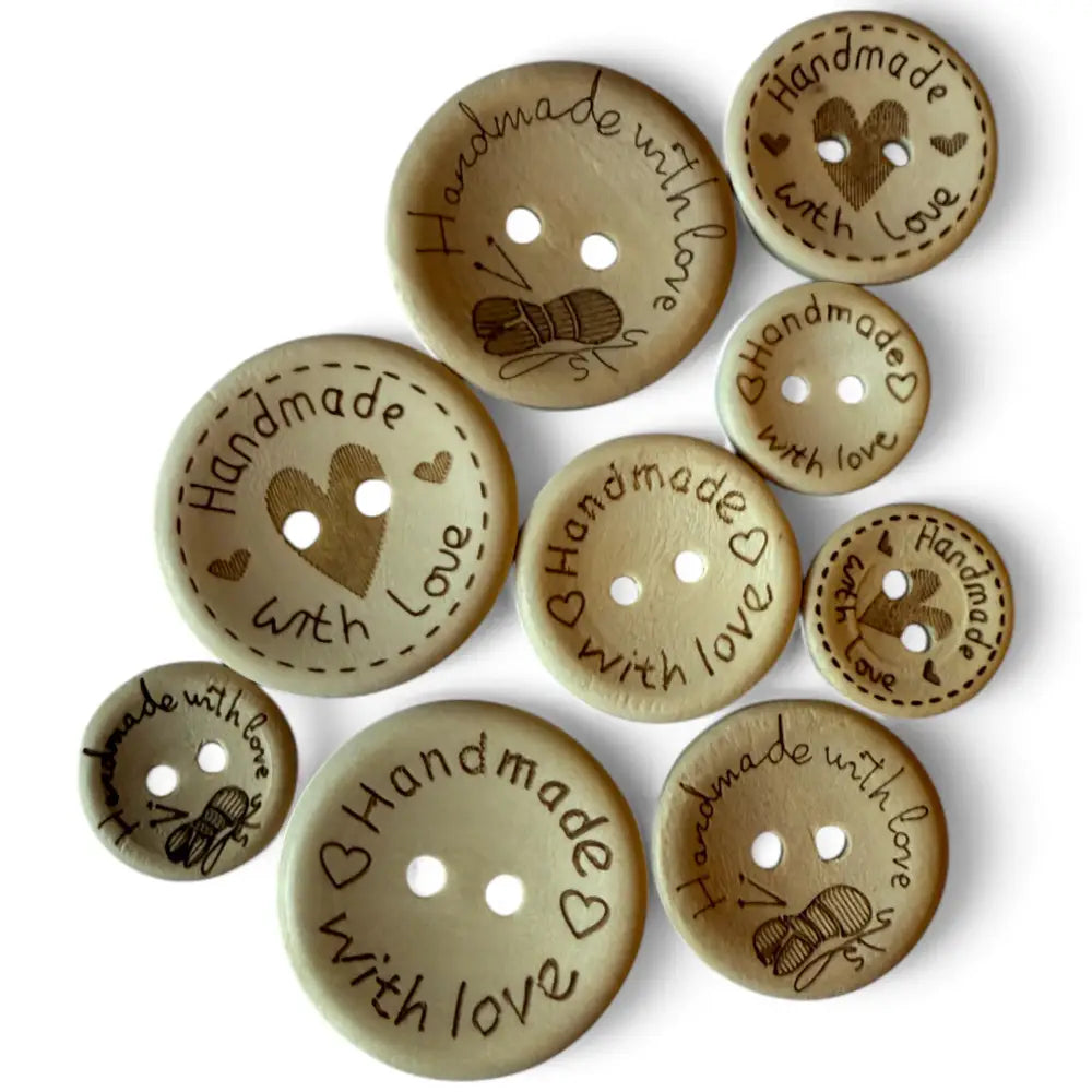 KnitForLess 100Pcs Buttons Wooden Hand Made with Love Mixed Sizes 3 Different Patterns