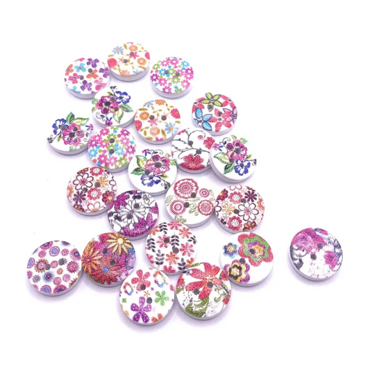 Floral patterned wooden buttons.