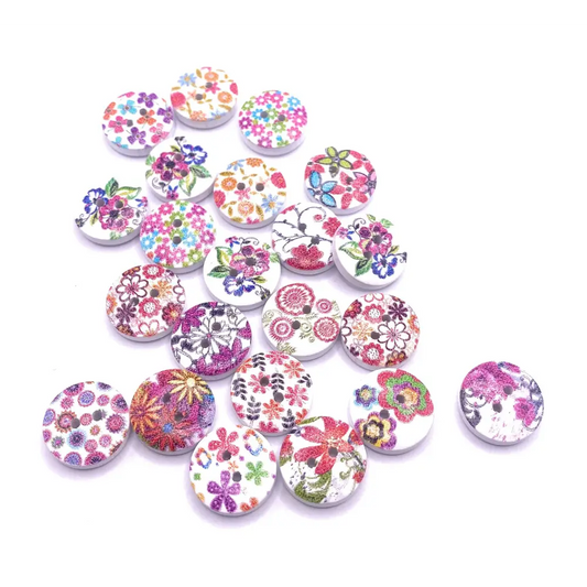 KnitForLess 100Pcs Mixed Wooden Flower Floral 15mm Buttons DIY Handmade Knitting 2 Hole