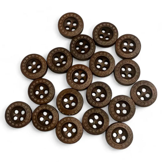 Brown wooden sewing buttons.
