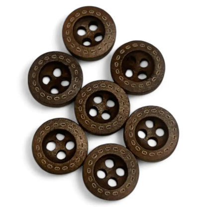 Seven brown, four-hole buttons.