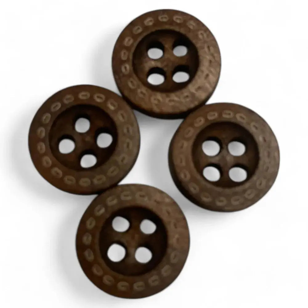 Four brown, textured, four-hole buttons.