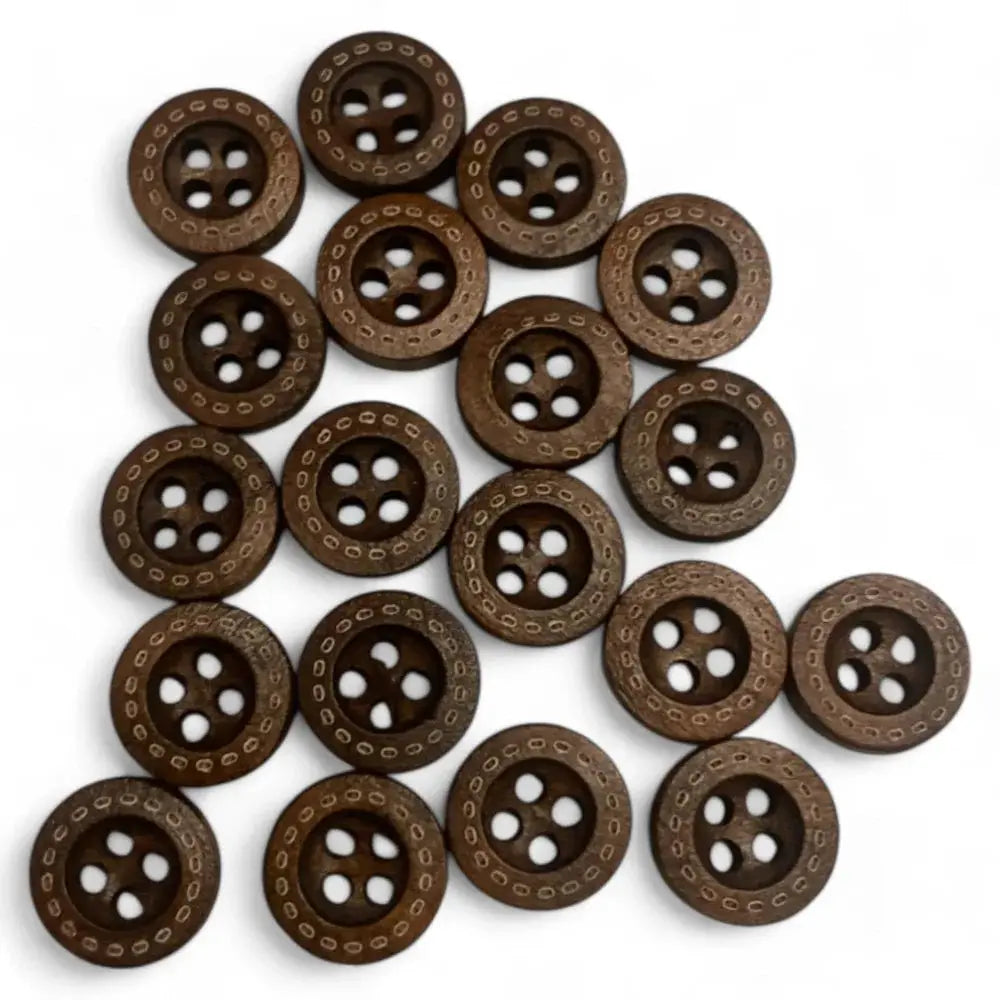 Group of brown wooden four-hole buttons.